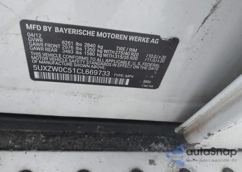 2012 BMW X5 xDrive35D z USA, uszkodzony, nr VIN 5UXZW0C51CL669733